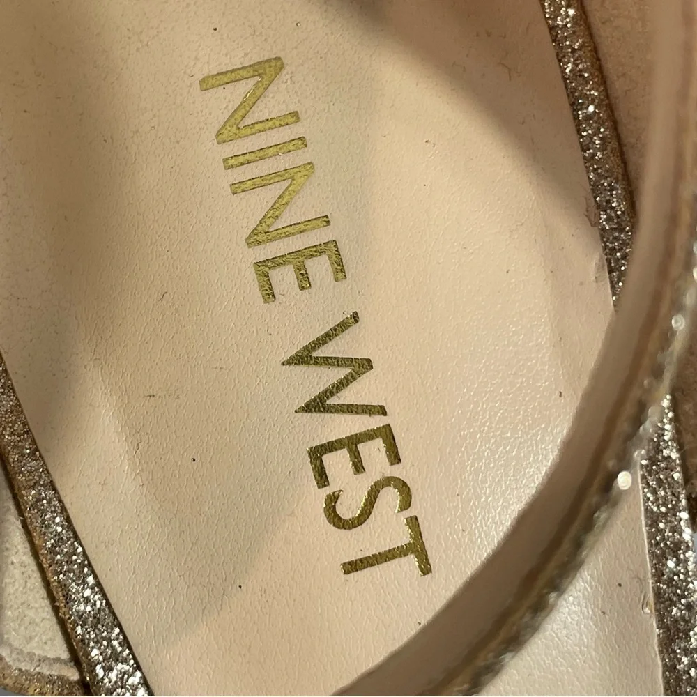Nine West Gold Glitter Open Toe Platform Stiletto Ankle Strap Heel Shoe Sz 9